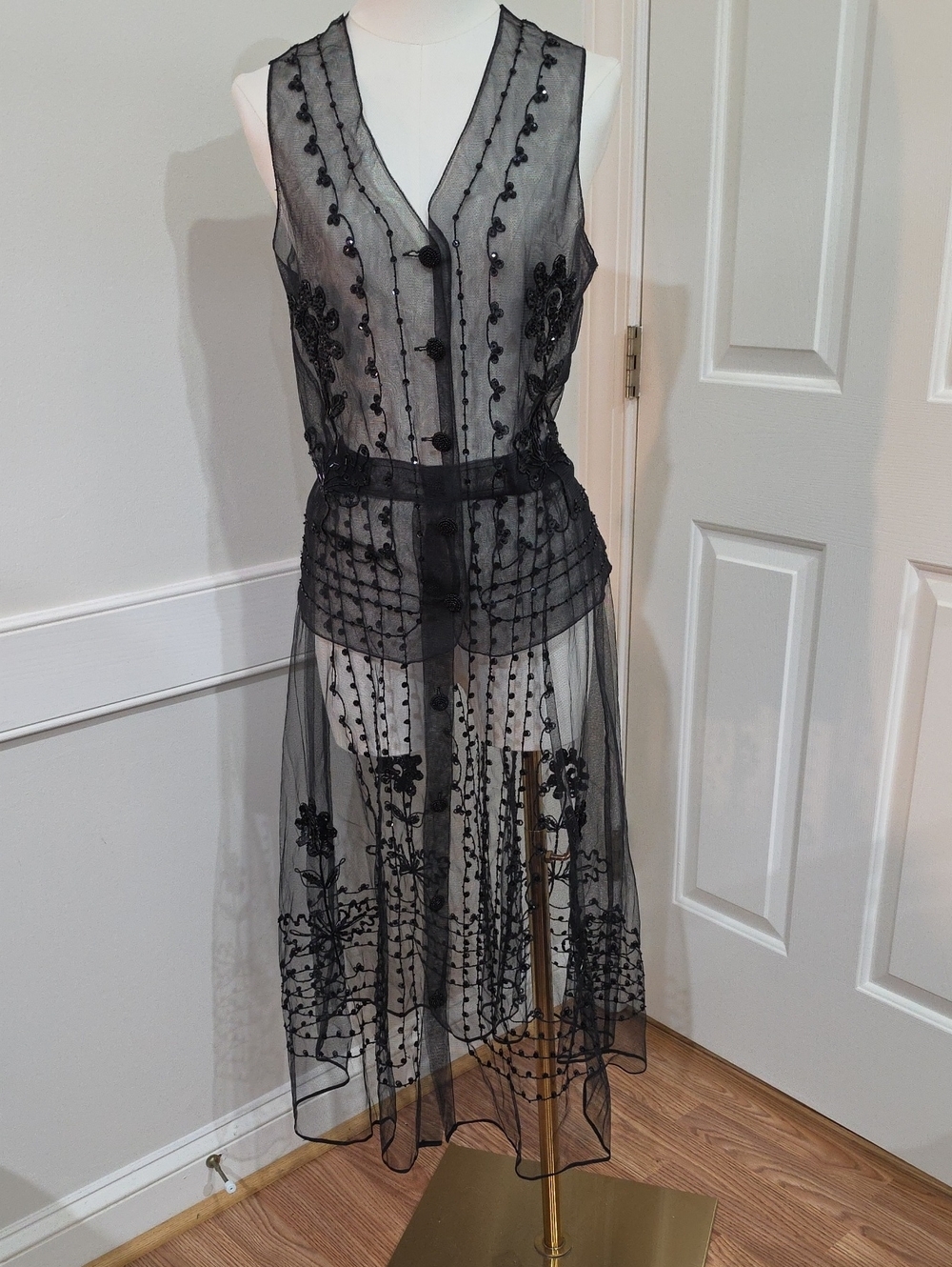Vintage 90s Kenar Studio Hand-Beaded Sheer Mesh 2-Piece Vest & Skirt Set- Size S